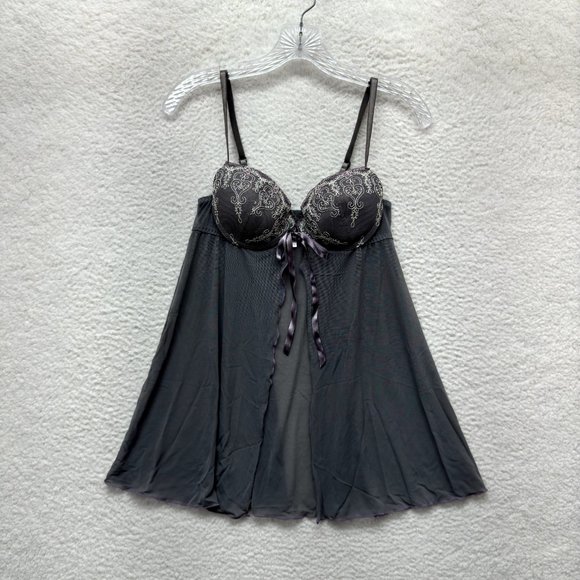Inner Secrets Cami Camisole Slip Lingerie M Medium Grey Sheer Mesh Padded Bow - Picture 1 of 10